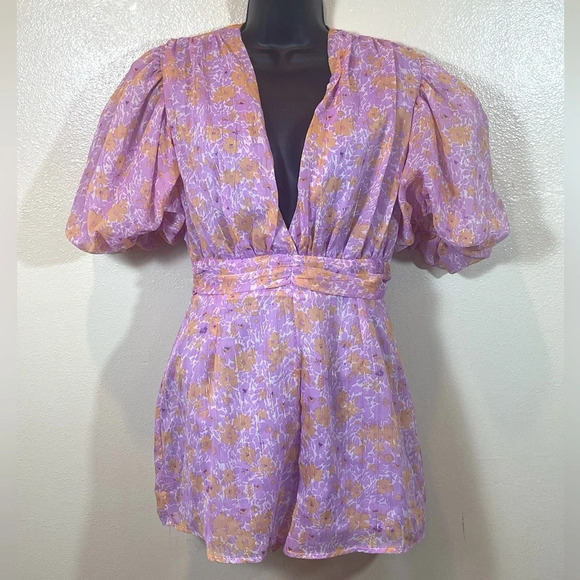 Nasty Gal Floral Puff Sleeve V-Neck Romper - Picture 3 of 7